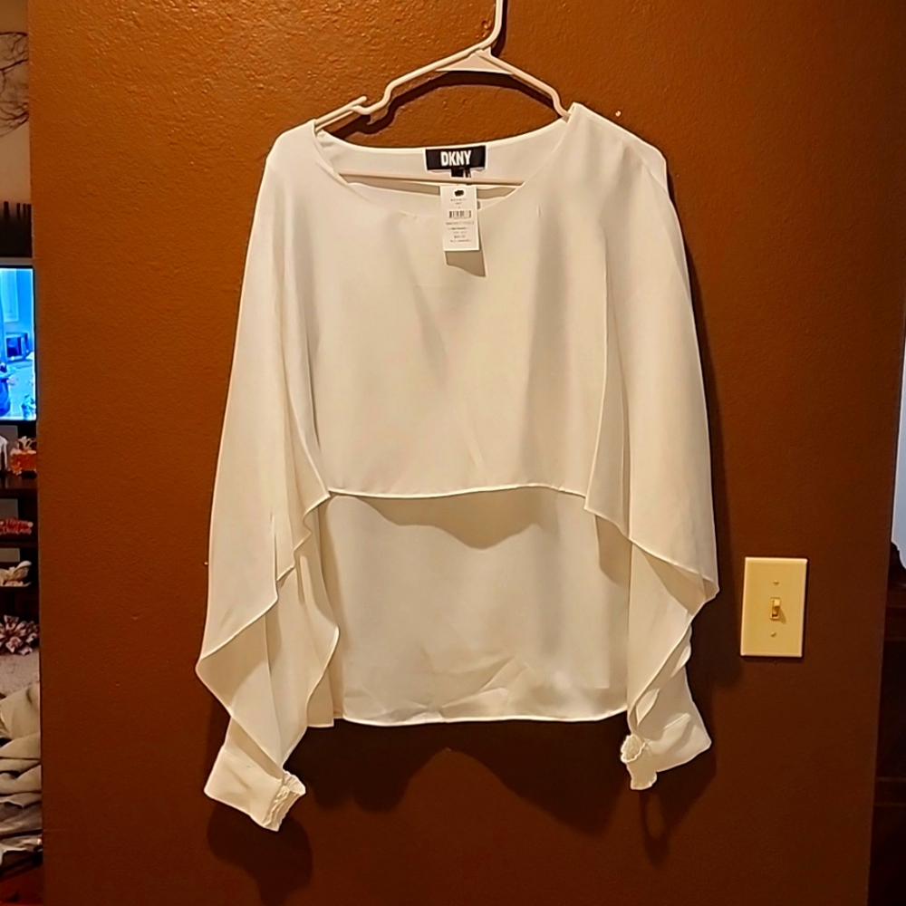 DKNY Open Sleeve Whit Cape Blouse Size L. NWT
